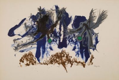 an image of a painting with blue and brown paint on a white background