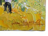 painting of a man riding a horse in a yellow field