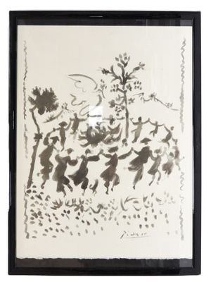 un dessin en noir et blanc représentant un groupe de personnes dans une forêt