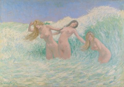 tableau représentant trois nus dans l'océan, avec un ciel bleu en arrière-plan