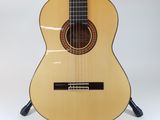 an acoustic guitar sitting on a stand against a white background
