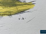 a drawing of a yellow bird sitting on a tree branch