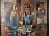 une peinture représentant un homme et une femme assis à une table