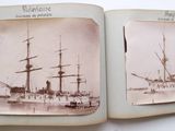 an old photo of a ship in the water and a picture of another ship
