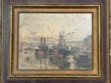 an image of a painting of a harbor scene with boats in the water
