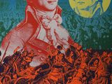 an image of a poster with a painting of a man in front of a crowd of people