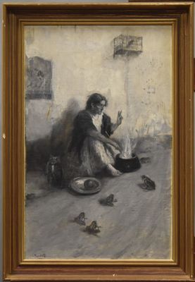 une image représentant un tableau où l'on voit une femme assise par terre