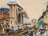 une peinture représentant une rue animée de la ville, avec des voitures et des passants