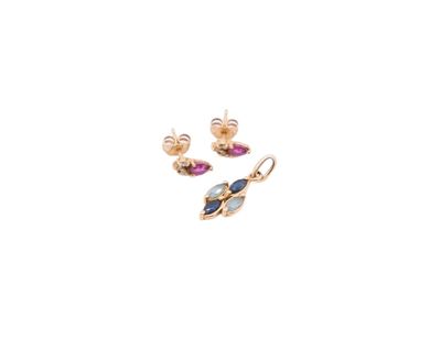 a close up of a pair of earrings on a white background