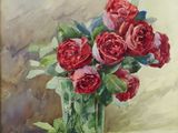 a painting of a vase of red roses on a table