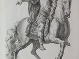drawing of a statue of a man riding a horse on a platform