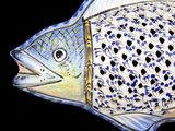 a blue and white fish that is on a black background