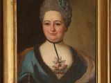 portrait d'une dame en robe bleue tenant un éventail