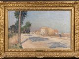 an image of a painting of a road with a house in the background