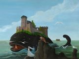 un tableau représentant une baleine avec un château en arrière-plan