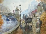a painting of people walking down the street with umbrellas