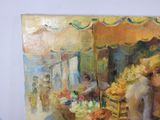 a painting of a woman standing in front of a fruit stand
