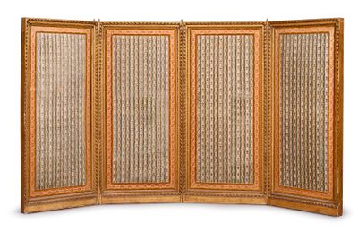 a four panel screen with woven panels and a wooden frame
