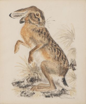 painting of a rabbit standing on its hind legs in the grass