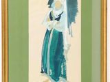 tableau représentant une femme en robe verte tenant un chat dans ses bras