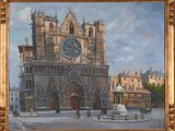 an oil painting of a church with a clock on the front of it