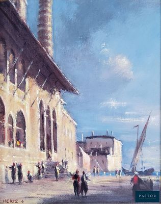 une peinture à l'huile représentant des personnes marchant devant un grand bâtiment