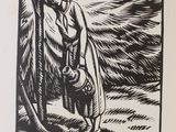 an image of a black and white drawing of a man on a boat