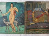 deux tableaux représentant une femme et un chien sur un drap blanc