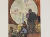 a picture of a painting of a man and a woman in front of a round window