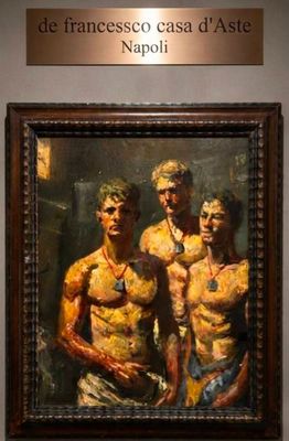 un tableau représentant trois hommes debout côte à côte