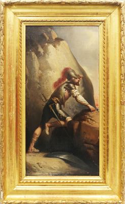 une image représentant un tableau d'un homme armé d'une épée dans un paysage rocheux