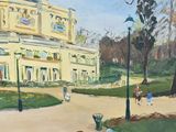 a painting of a yellow building with people walking around it