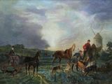 a painting of a group of people and horses in a field