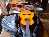 une guitare dans son étui, posée sur une table dans un salon