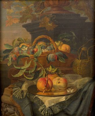 tableau représentant une corbeille de fruits posée sur une table, à côté d'une corbeille de pêches
