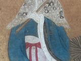 painting of a woman in a blue and white dress holding a bamboo stick