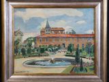 an oil painting of a building with a fountain in front of it