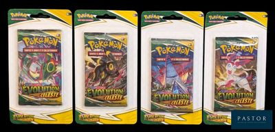 three packs of pokemon trading cards are shown on a black background