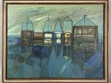 une peinture représentant des bateaux dans un port, avec le ciel en arrière-plan