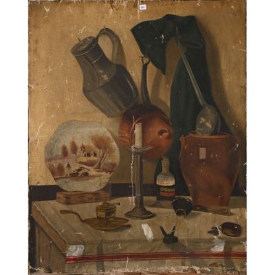 une image représentant une nature morte peinte, avec un pichet et d'autres objets