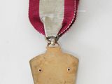a close up of a medal on a white background with a red ribbon