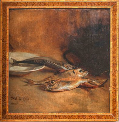 tableau représentant une nature morte composée de poissons et d'une assiette de pain