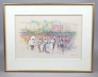 painting of a group of people walking down a street in front of a building