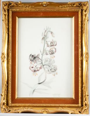 painting of a flower in a gold frame on a white wall