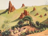 un tableau représentant un paysage de montagne avec des rochers et des arbres