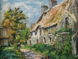 une peinture à l'huile représentant une maison au toit de chaume et un chien marchant sur un sentier