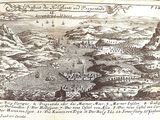 an old drawing of a large body of water with boats in it