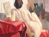 un tableau représentant une femme assise sur un canapé rouge