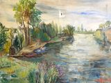 une peinture d'une rivière avec des bateaux