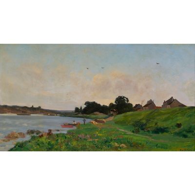 l'image d'une peinture représentant une rivière avec un bateau dans l'eau